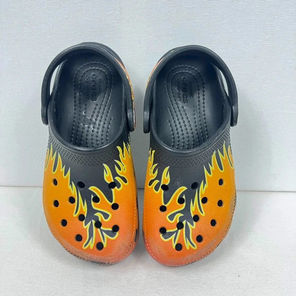 GUC Crocs Classic Flame Clogs Black Orange Fire Print Shoes Toddler Size 12